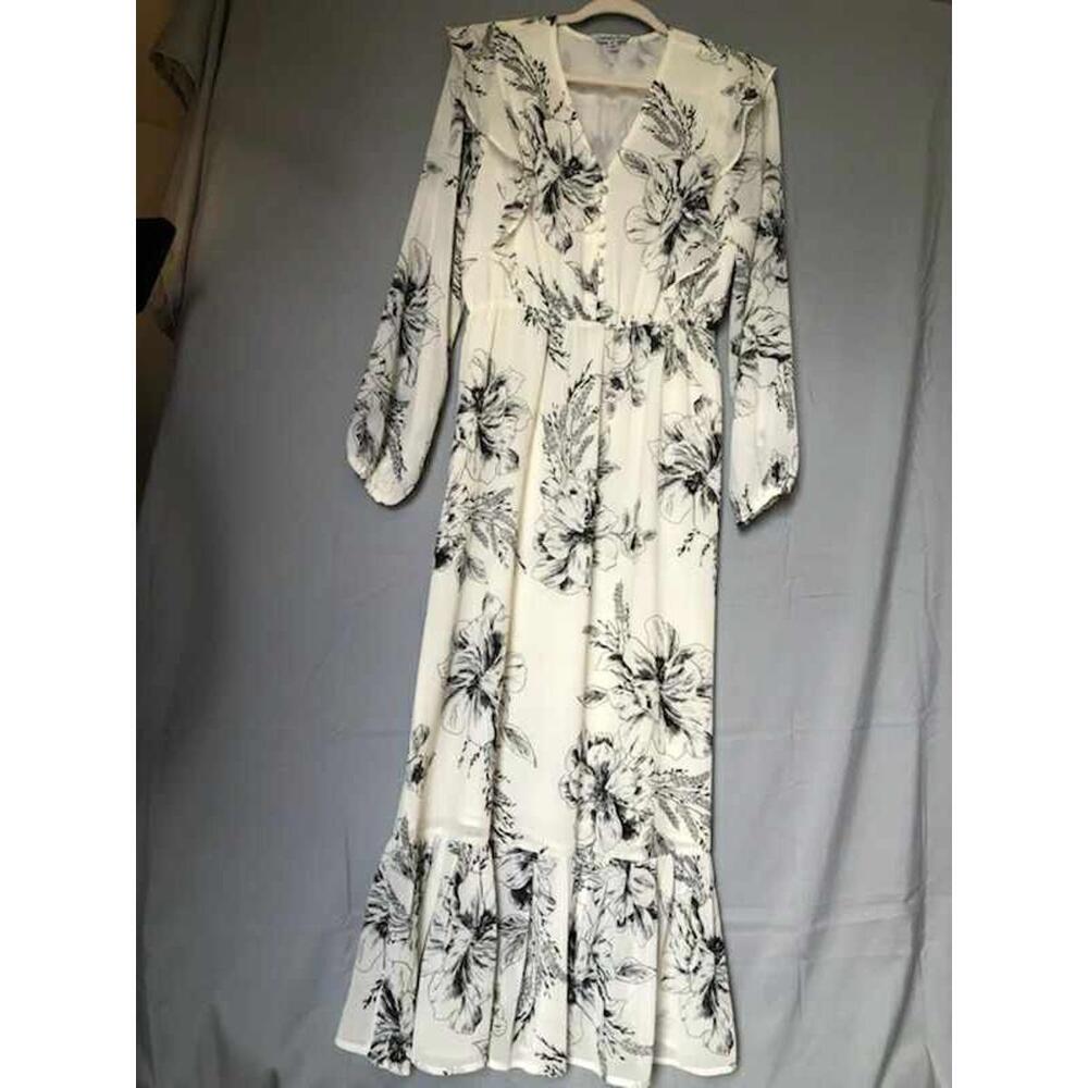 Cottegecore Vintage Style Ruffled Maxi Dress Ophelia Roe sz M Cream/Black Lined